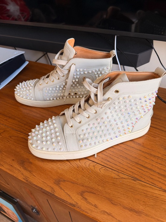Christian Louboutin Beige Suede Spike Low-Top Sneaker with Red Sole